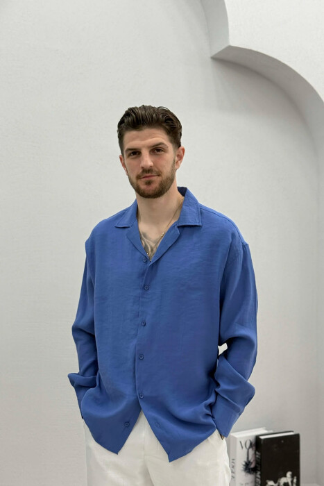 SIMPLE LONG SLEEVE MEN SHIRT BLUE/BLU - KLAUDIO FASHION