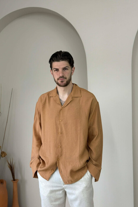 SIMPLE LONG SLEEVE MEN SHIRT BROWN/KAFE - KLAUDIO FASHION