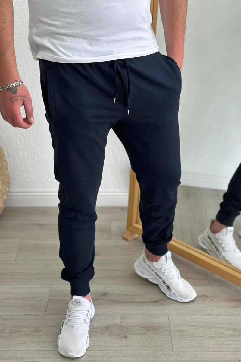 SIMPLE ONE COLOR COTTON MEN SWEATPANTS DARK BLUE/BEE - 1