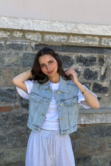 SIMPLE ONE COLOR DENIM WOMAN VEST LIGHTBLUE/BZ - KLAUDIO FASHION