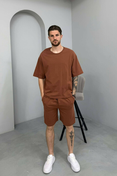 SIMPLE ONE COLOR T-SHIRT + SHORTS MEN SET BROWN/KAFE - KLAUDIO FASHION