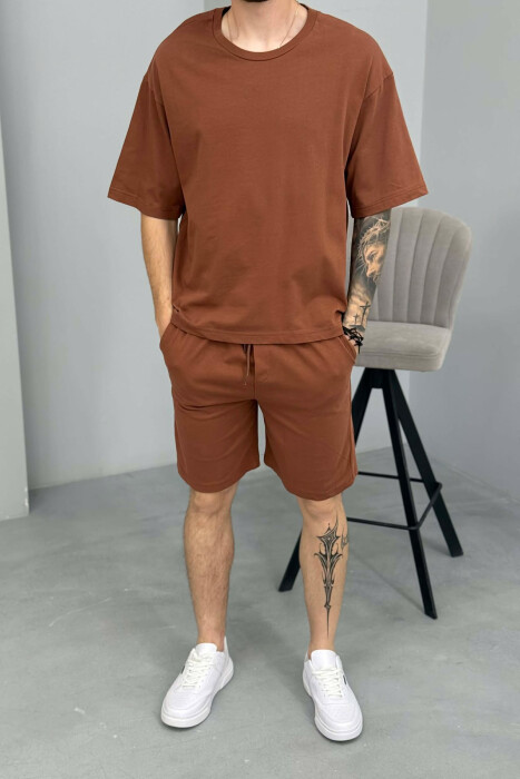 SIMPLE ONE COLOR T-SHIRT + SHORTS MEN SET BROWN/KAFE - 2