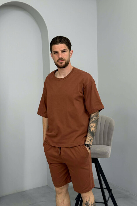 SIMPLE ONE COLOR T-SHIRT + SHORTS MEN SET BROWN/KAFE - 3