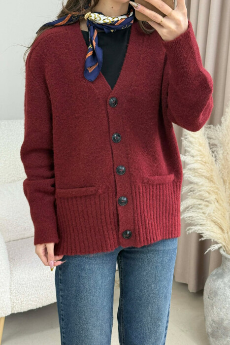 SIMPLE ONE COLOR WOMEN CARDIGAN BURGUNDY/VISHNJE - 4