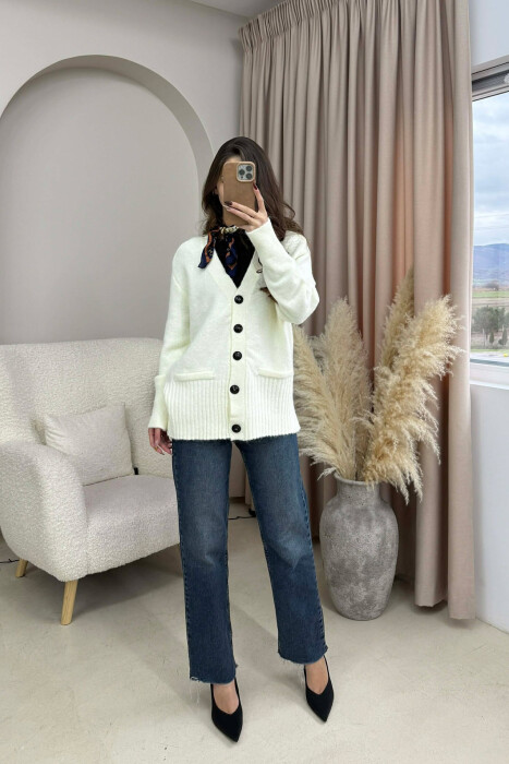 SIMPLE ONE COLOR WOMEN CARDIGAN CREAM/KREM - KLAUDIO FASHION