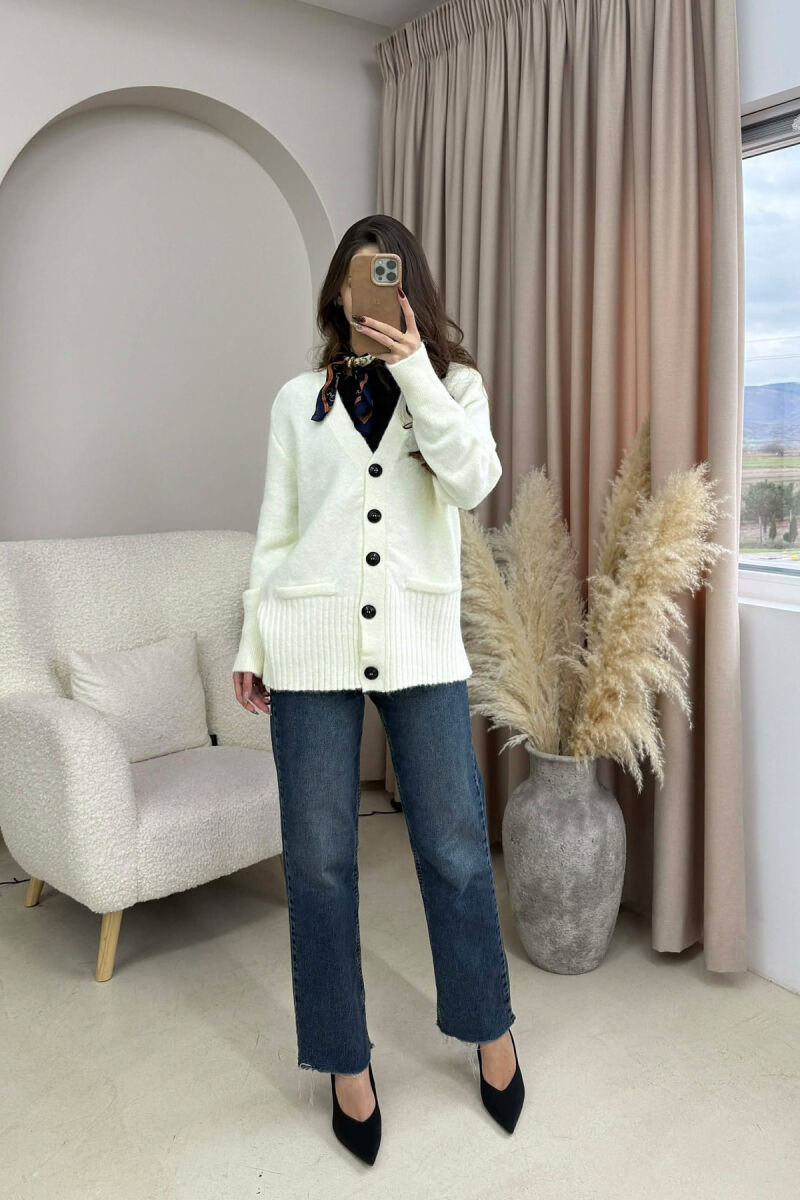 SIMPLE ONE COLOR WOMEN CARDIGAN CREAM/KREM - 1