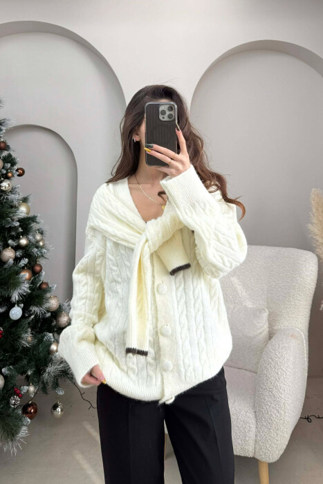 SIMPLE ONE COLOR WOMEN CARDIGAN CREAM/KREM - KLAUDIO FASHION