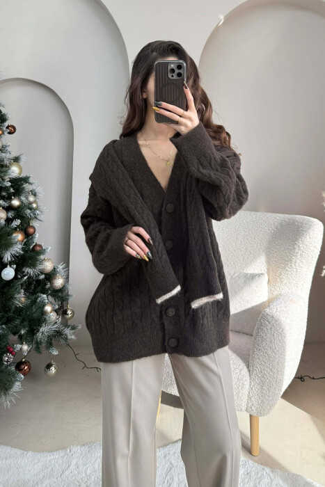SIMPLE ONE COLOR WOMEN CARDIGAN DARK BROWN/KAE - 1