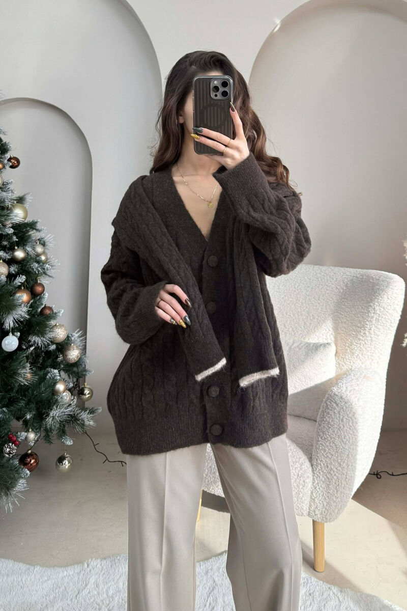 SIMPLE ONE COLOR WOMEN CARDIGAN DARK BROWN/KAE - 1