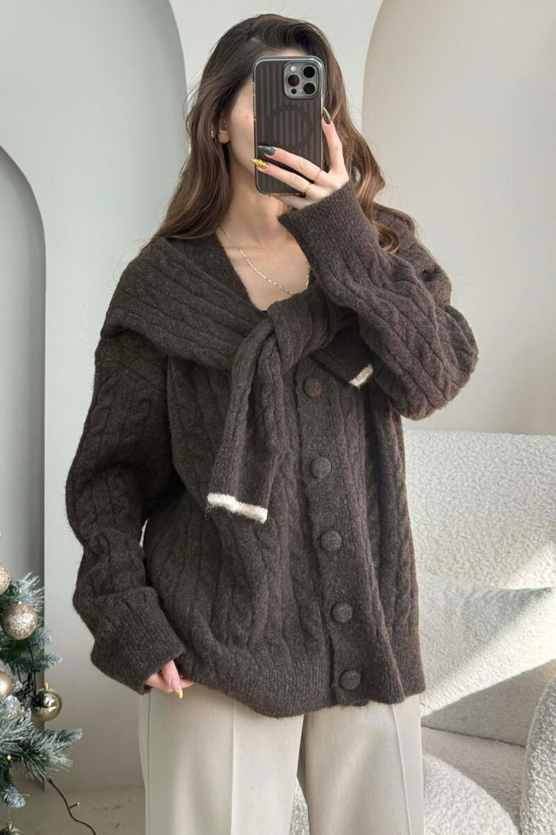 SIMPLE ONE COLOR WOMEN CARDIGAN DARK BROWN/KAE - 2
