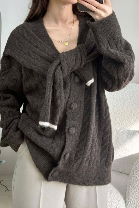 SIMPLE ONE COLOR WOMEN CARDIGAN DARK BROWN/KAE - 3