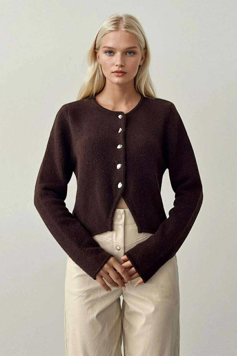 SIMPLE ONE COLOR WOMEN CARDIGAN DARK BROWN/KAE - 1