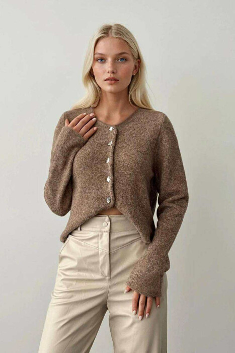SIMPLE ONE COLOR WOMEN CARDIGAN LIGHT BROWN/KAZB 
