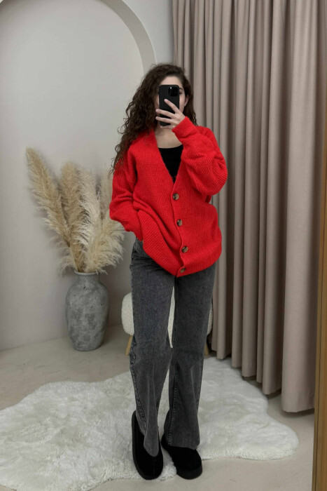 SIMPLE ONE COLOR WOMEN CARDIGAN RED/E KUQE - 1