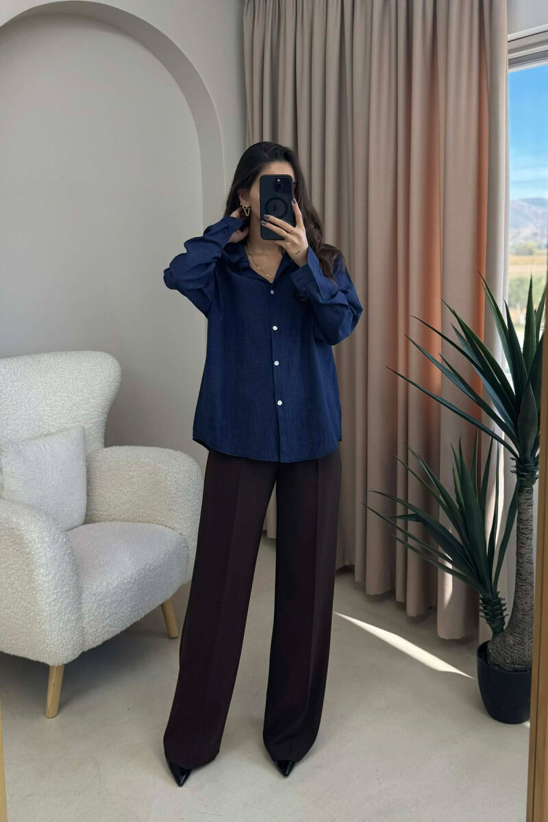 SIMPLE ONE COLOR WOMEN SHIRT DARK BLUE/BEE - 1