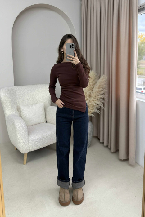 SIMPLE ONE COLOR WOMEN SWEATSHIRT BROWN/KAFE - 1