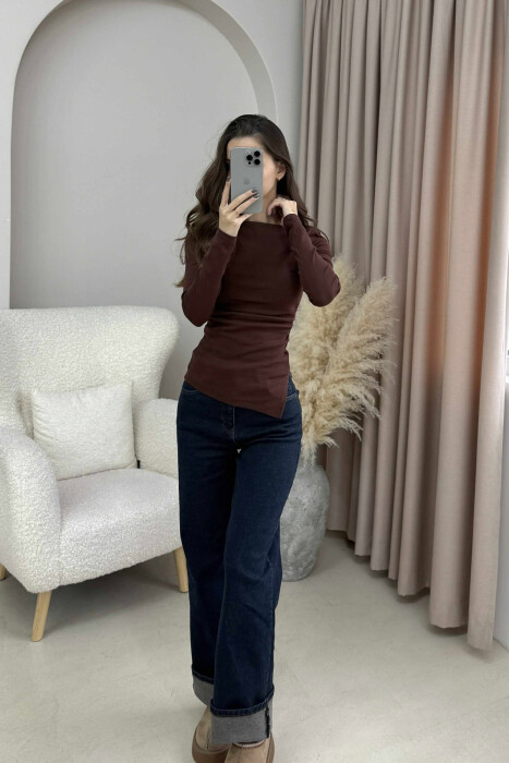 SIMPLE ONE COLOR WOMEN SWEATSHIRT BROWN/KAFE - 2