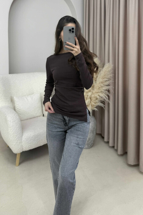 SIMPLE ONE COLOR WOMEN SWEATSHIRT DARK BROWN/KAE 