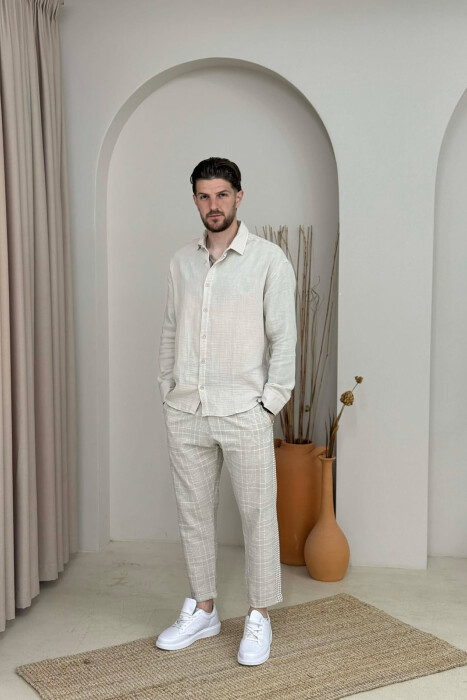 SIMPLE PLAID MEN PANTS BEIGE/BEZHE - KLAUDIO FASHION