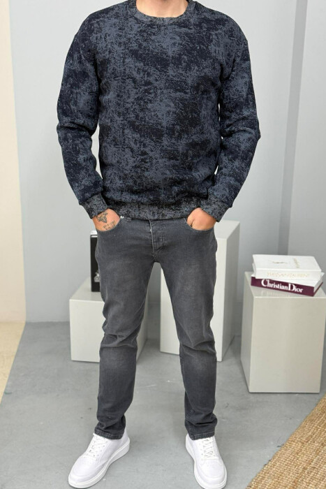 SIMPLE ROUND NECK FLUFFY MEN SWEATSHIRT DARK BLUE/BEE - 