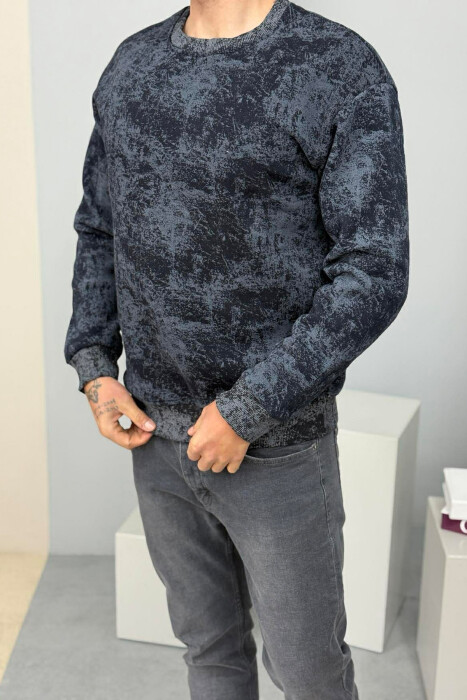 SIMPLE ROUND NECK FLUFFY MEN SWEATSHIRT DARK BLUE/BEE - 