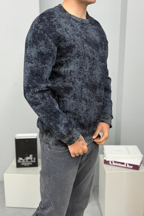 SIMPLE ROUND NECK FLUFFY MEN SWEATSHIRT DARK BLUE/BEE - 3