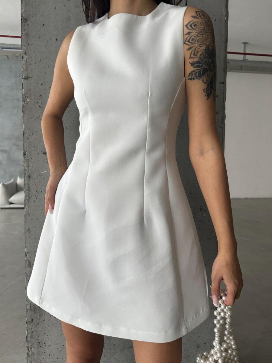 SIMPLE ROUND NECK WOMAN DRESS WHITE-E BARDHE - 6