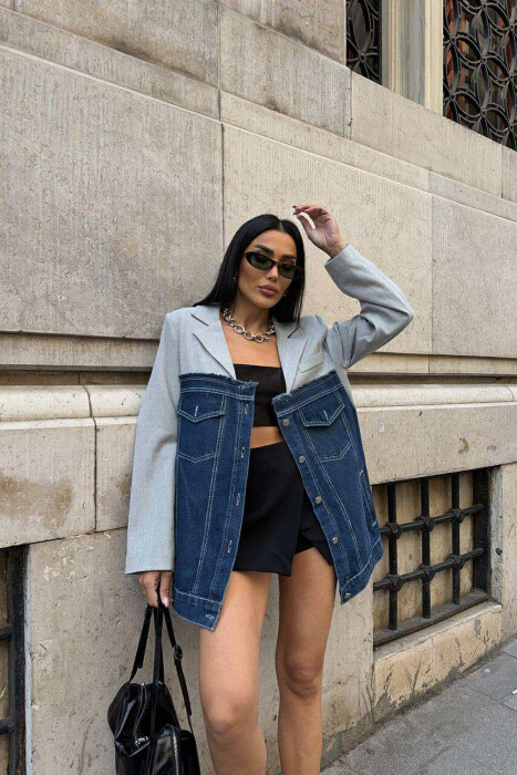 SIMPLE SEMI DENIM DESIGN WOMEN JACKET GREY/GRI - 1