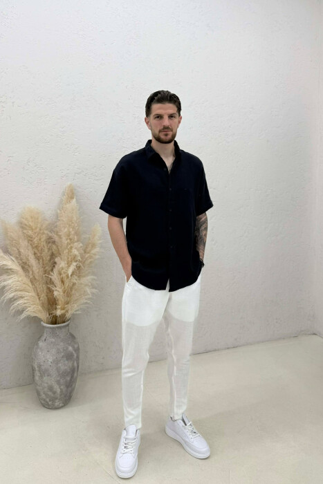 SIMPLE SHORT SLEEVE MEN SHIRT DARK BLUE/BEE - 2