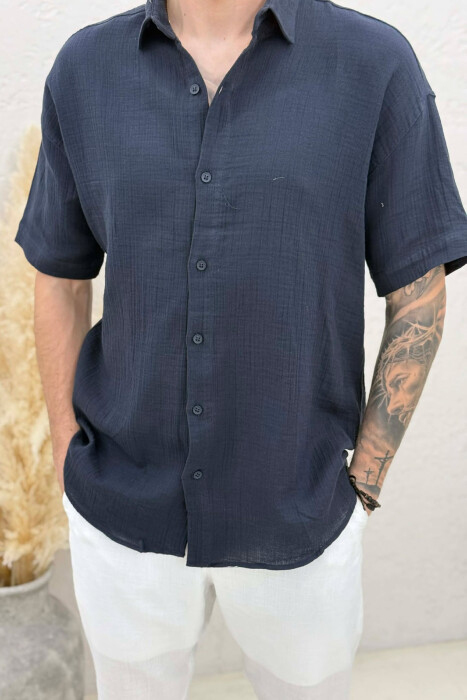 SIMPLE SHORT SLEEVE MEN SHIRT DARK BLUE/BEE - 3