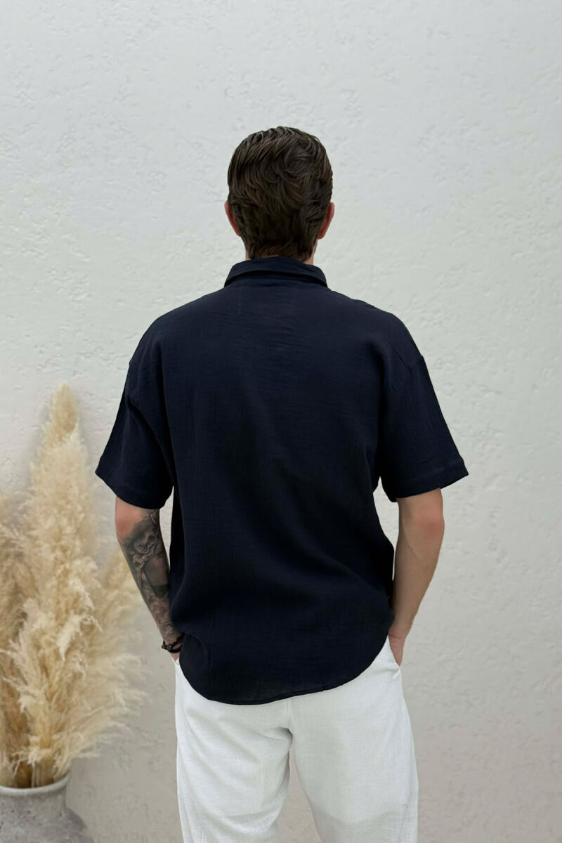 SIMPLE SHORT SLEEVE MEN SHIRT DARK BLUE/BEE - 4