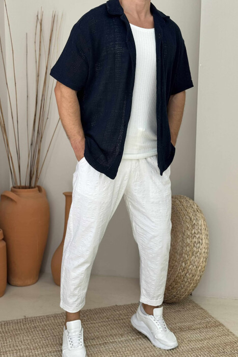 SIMPLE SHORT SLEEVES MEN SHIRT DARK BLUE/BEE - 