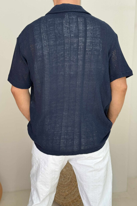 SIMPLE SHORT SLEEVES MEN SHIRT DARK BLUE/BEE - 2