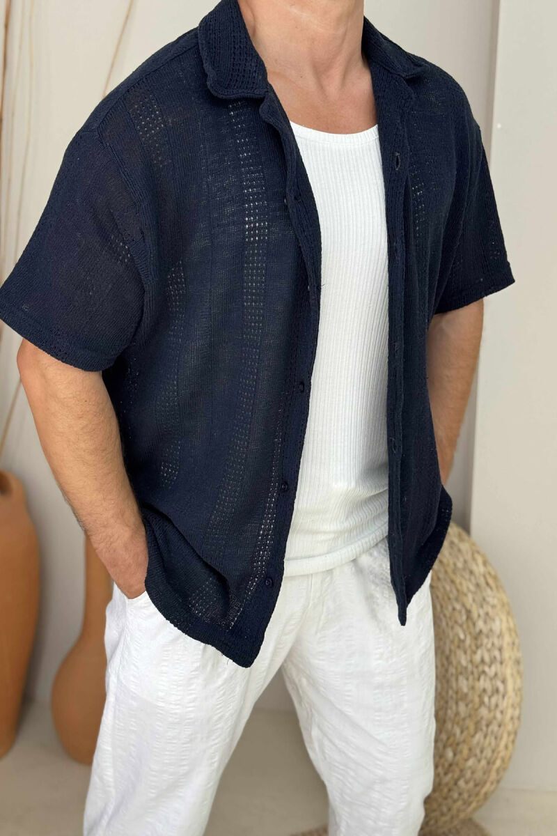 SIMPLE SHORT SLEEVES MEN SHIRT DARK BLUE/BEE - 3