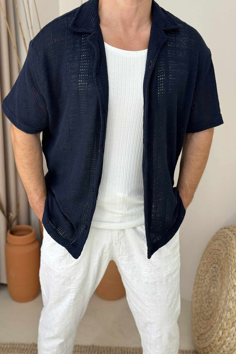 SIMPLE SHORT SLEEVES MEN SHIRT DARK BLUE/BEE - 4