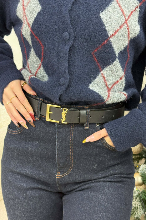 SIMPLE SQUARE BUCKLE WOMEN BELT BLACK+GOLD/ZEGO - 1