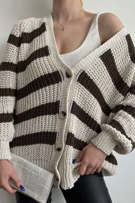 SIMPLE STRAIGHT WOMAN CARDIGAN CREAM-BROWN/KRKA 