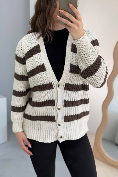 SIMPLE STRAIGHT WOMAN CARDIGAN CREAM-BROWN/KRKA - 3