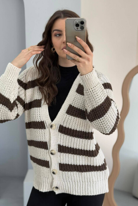 SIMPLE STRAIGHT WOMAN CARDIGAN CREAM-BROWN/KRKA - 4