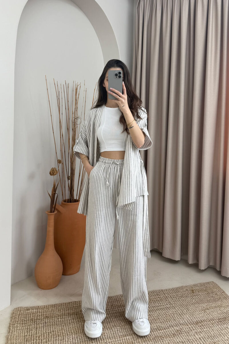SIMPLE STRIPE DESIGN LACING SHIRT+TROUSERS WOMEN SET CREAM+BLACK/KREM+ZEZE - 1