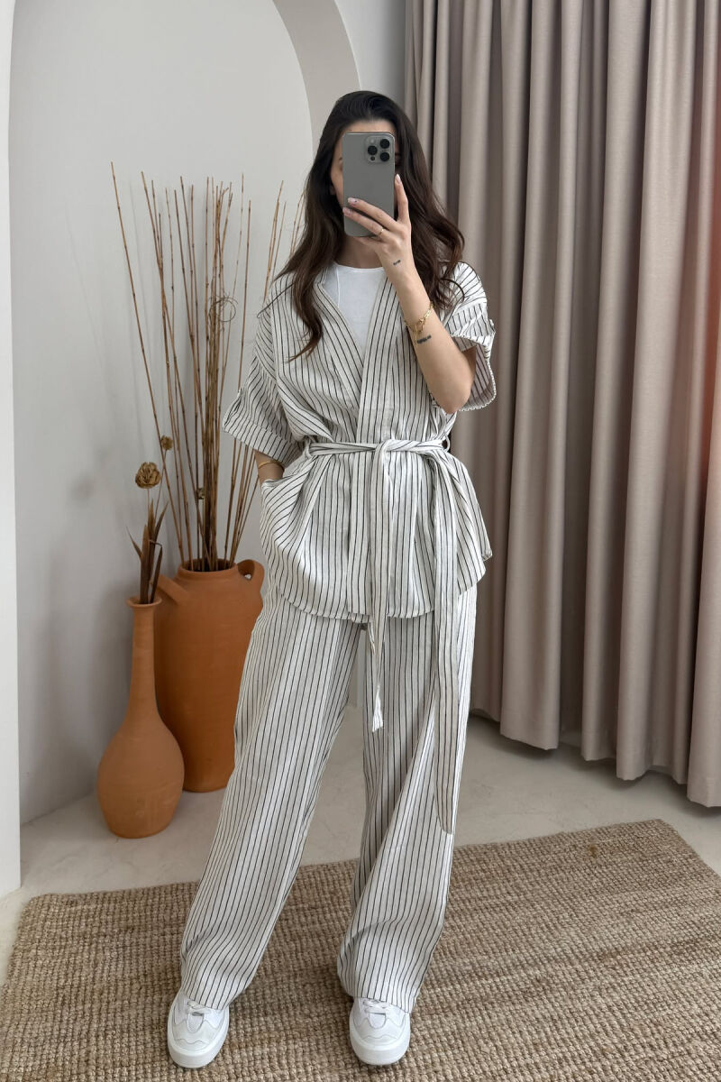 SIMPLE STRIPE DESIGN LACING SHIRT+TROUSERS WOMEN SET CREAM+BLACK/KREM+ZEZE - 2