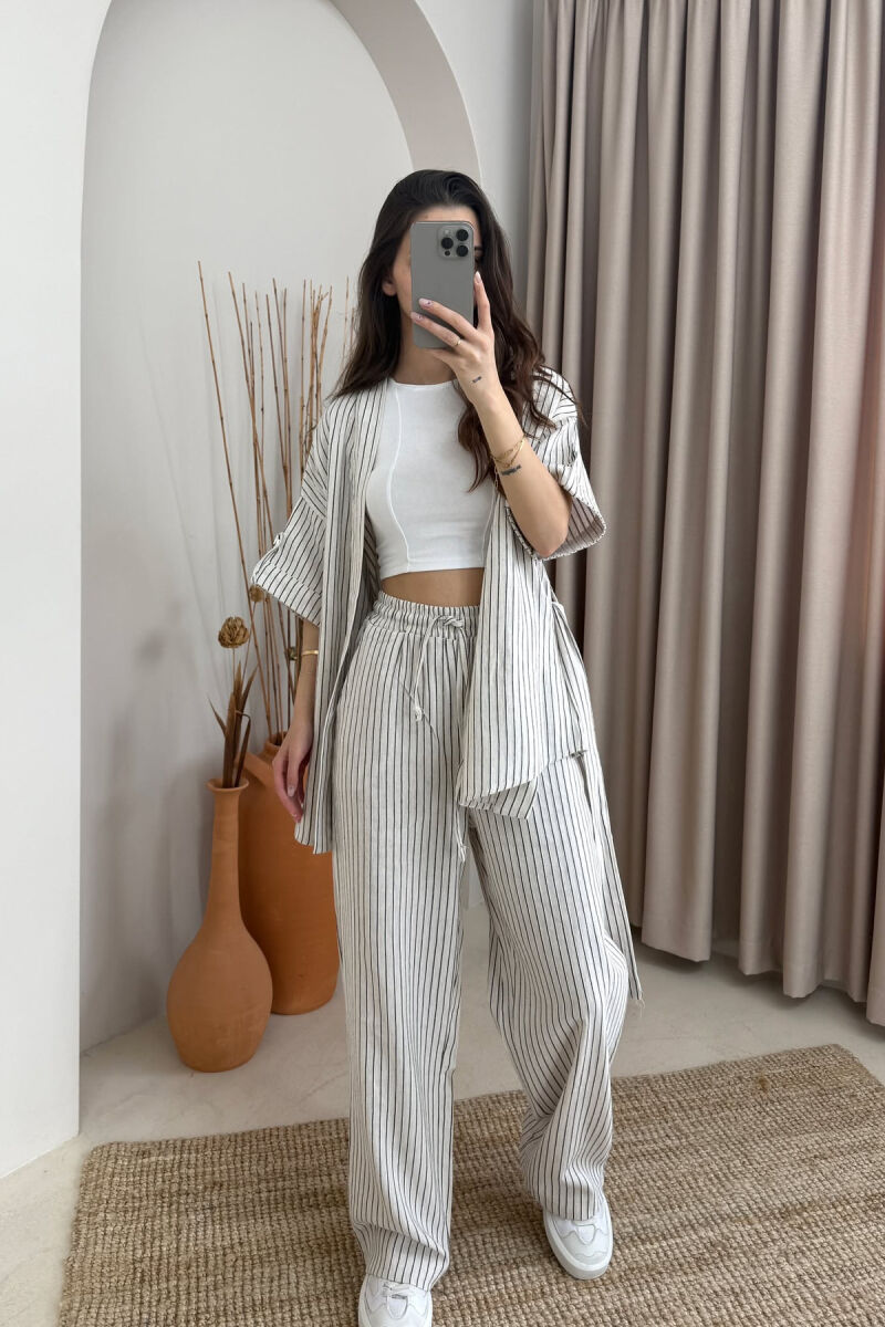 SIMPLE STRIPE DESIGN LACING SHIRT+TROUSERS WOMEN SET CREAM+BLACK/KREM+ZEZE - 3
