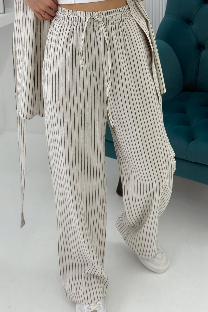 SIMPLE STRIPE DESIGN LACING SHIRT+TROUSERS WOMEN SET CREAM+BLACK/KREM+ZEZE - 6