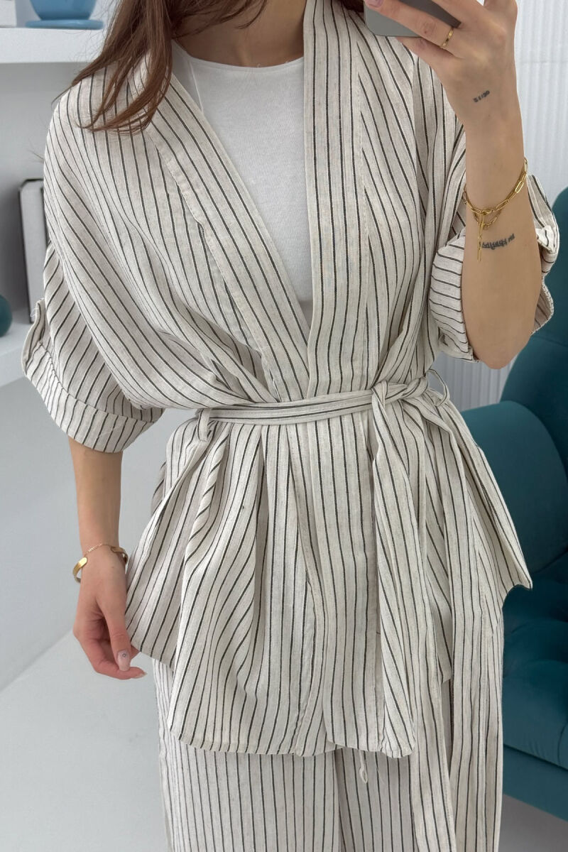 SIMPLE STRIPE DESIGN LACING SHIRT+TROUSERS WOMEN SET CREAM+BLACK/KREM+ZEZE - 7