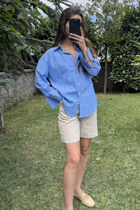 SIMPLE STRIPE DESIGN LONE SLEEVE WOMEN SHIRT BLUE/BLU - 1