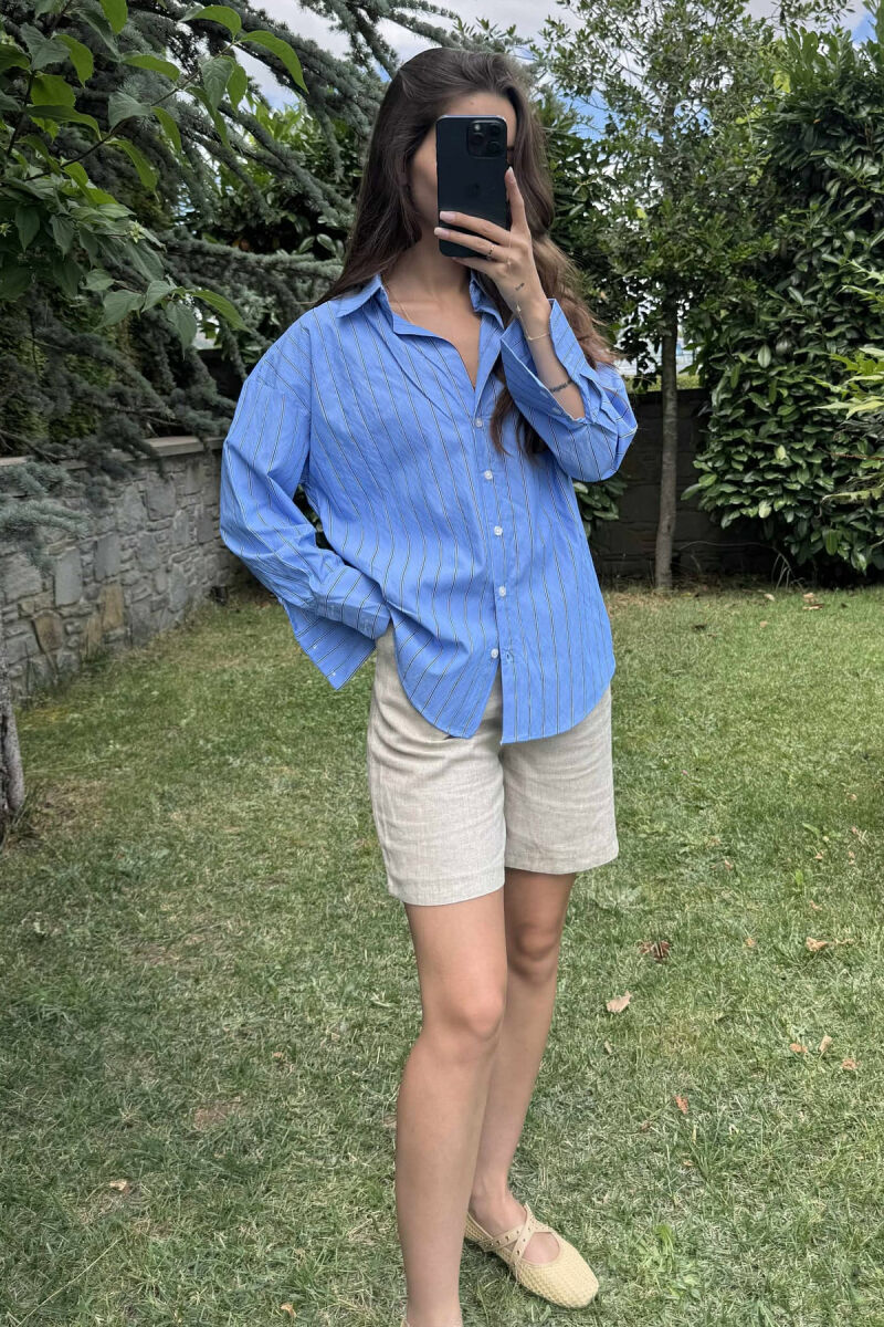 SIMPLE STRIPE DESIGN LONE SLEEVE WOMEN SHIRT BLUE/BLU - 1