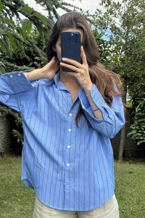 SIMPLE STRIPE DESIGN LONE SLEEVE WOMEN SHIRT BLUE/BLU - 2