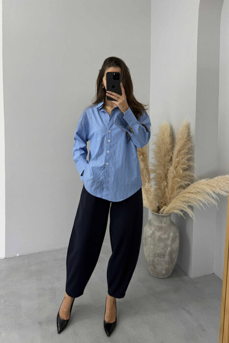 SIMPLE STRIPE DESIGN LONE SLEEVE WOMEN SHIRT BLUE/BLU - 1