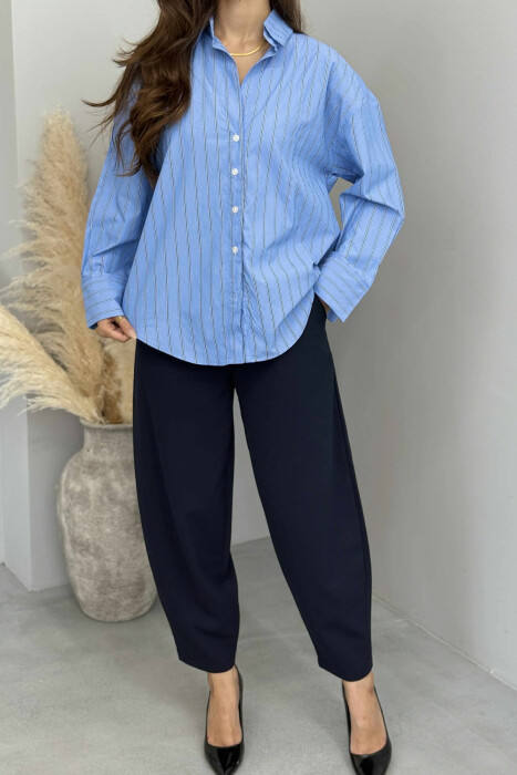 SIMPLE STRIPE DESIGN LONE SLEEVE WOMEN SHIRT BLUE/BLU - 2