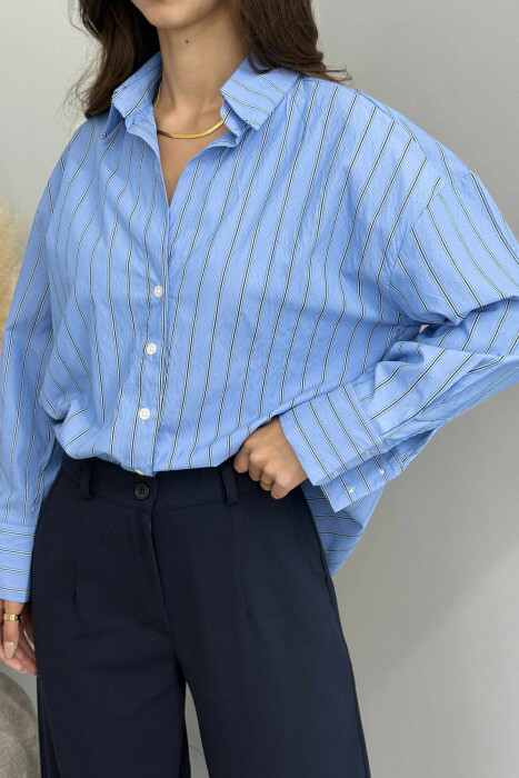 SIMPLE STRIPE DESIGN LONE SLEEVE WOMEN SHIRT BLUE/BLU - 4